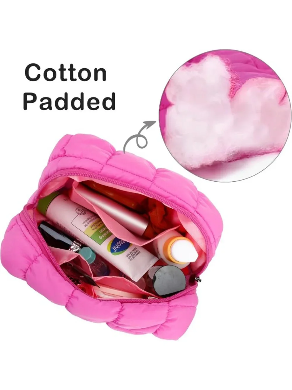 Quilted Hot Pink Makeup Bag | Cute Cosmetic Pouch & Toiletry Organizer Case